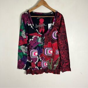 Desigual Women's Y2K Boho Multicolor Long Sleeve Top Size XL NWT V-Neck Artsy